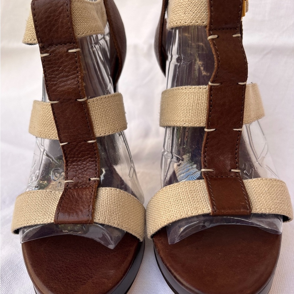 Seven 7 For All Mankind Sandals Heels 7-7 1/2 mismatched Linen urban neutral Y2K